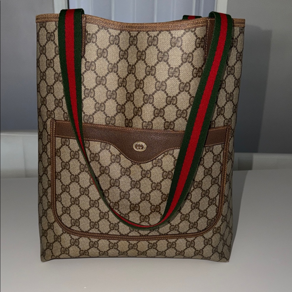 Gucci Beige and Brown Shoulder Bag with Green and Red Straps